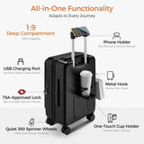 CASELLY Carry On Luggage Top Opening with Cup Holder & Phone Holder, Expandable PC Hard Shell Suitcase, USB Charging Port, Side Hook, 360° Spinner Wheels, TSA Lock & YKK Zippers for Women Man Gifts