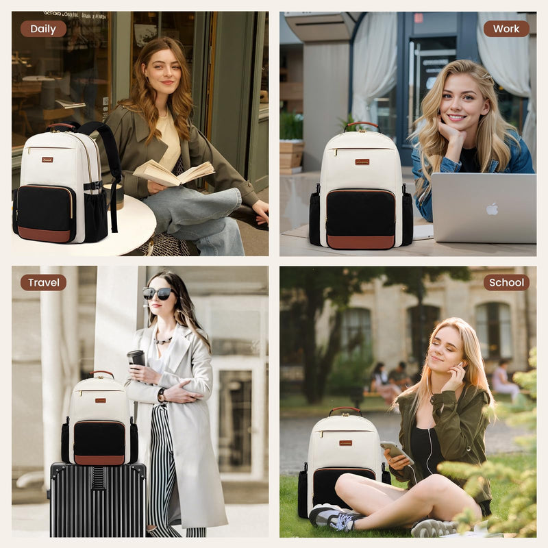 LOVEVOOK Laptop Backpack for Women with Pouch Pocket for Large Capacity Cup,15.6 Inch Laptop Computer Bag Travel Backpack Purse,Waterproof Work Business Backpack College Teacher Bags,Beige-Black-Brown