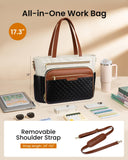 LOVEVOOK Teacher Tote Bag with Accordion File Pocket, Soft PU Leather Work Briefcase Quilted Laptop Bag with Large Cup Holder