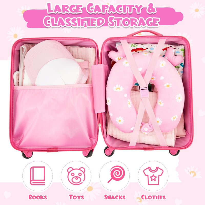 Redbaker 17 Inch 6 Pcs Kids Luggage Set Kids Rolling Luggage Double Pattern Suitcase for Boys Girls (Light Pink, Leopard Print Style)