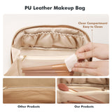 Prite Makeup Bag for Women Travel Waterproof Vegan Leather Cosmetic Bag Open Flat Toiletry Bag With Clear Divider and Handle (Beige)