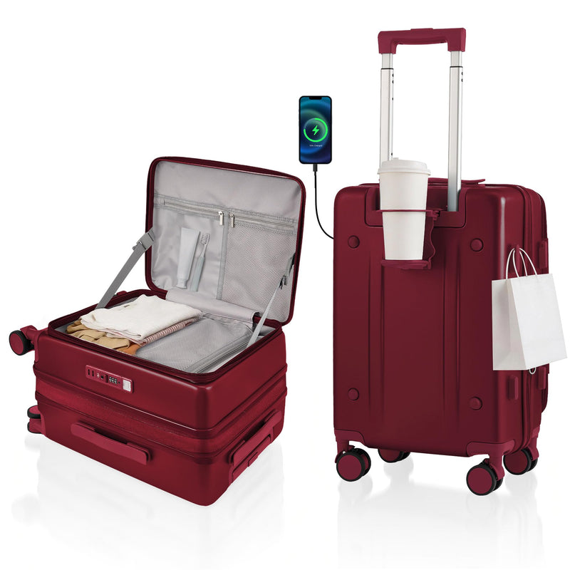 ISLAND ELEPHANT Expandable 20Inch Carry On Luggage Airline Approved - Top Opening Hardside Travel Suitcase Unbreakable -with Cup Holder,USB Charge,Side Pothook, 360°Spinner Wheels, TSA Lock-Wine Red