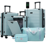 Merax Luggage Sets 3 Piece Front Opening, Hardside Lightweight Carry on Suitcase with Cup Holder USB Port,Durable Expandable Luggage with Bags Spinner Wheels and TSA Lock,Light Blue