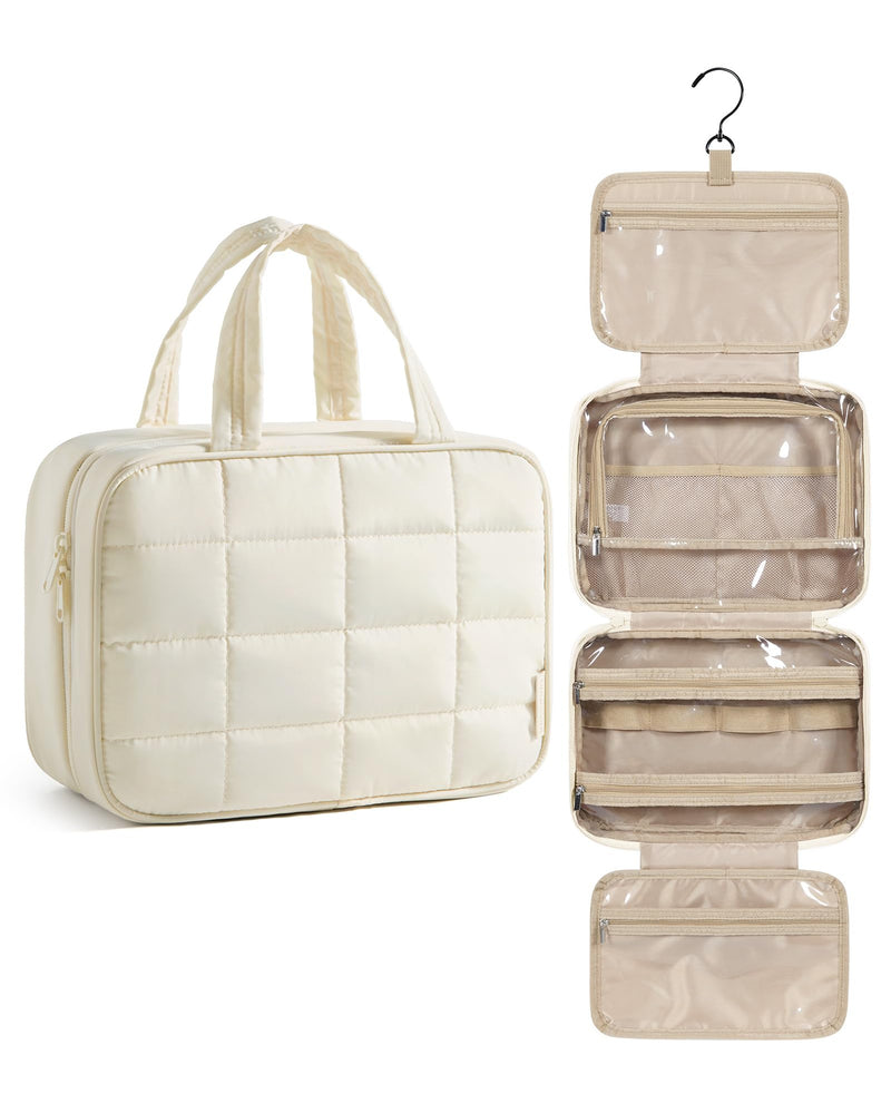 BAGSMART Travel Toiletry Bag for Womne, Hanging Travel Bag for Toiletries, Puffy Makeup Cosmetic Bag Organizer, Carry-on Travel Accessories Essentials, Beige