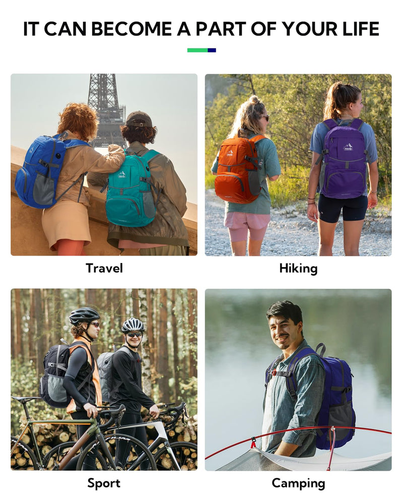 WATERFLY Hiking Packable Daypack Backpack: 25L Ultra Lightweight Day Pack for Woman Man - Small Compact Folding Back Pack for Outdoor Sport Cycling Camping Travel Trip - Turquoise