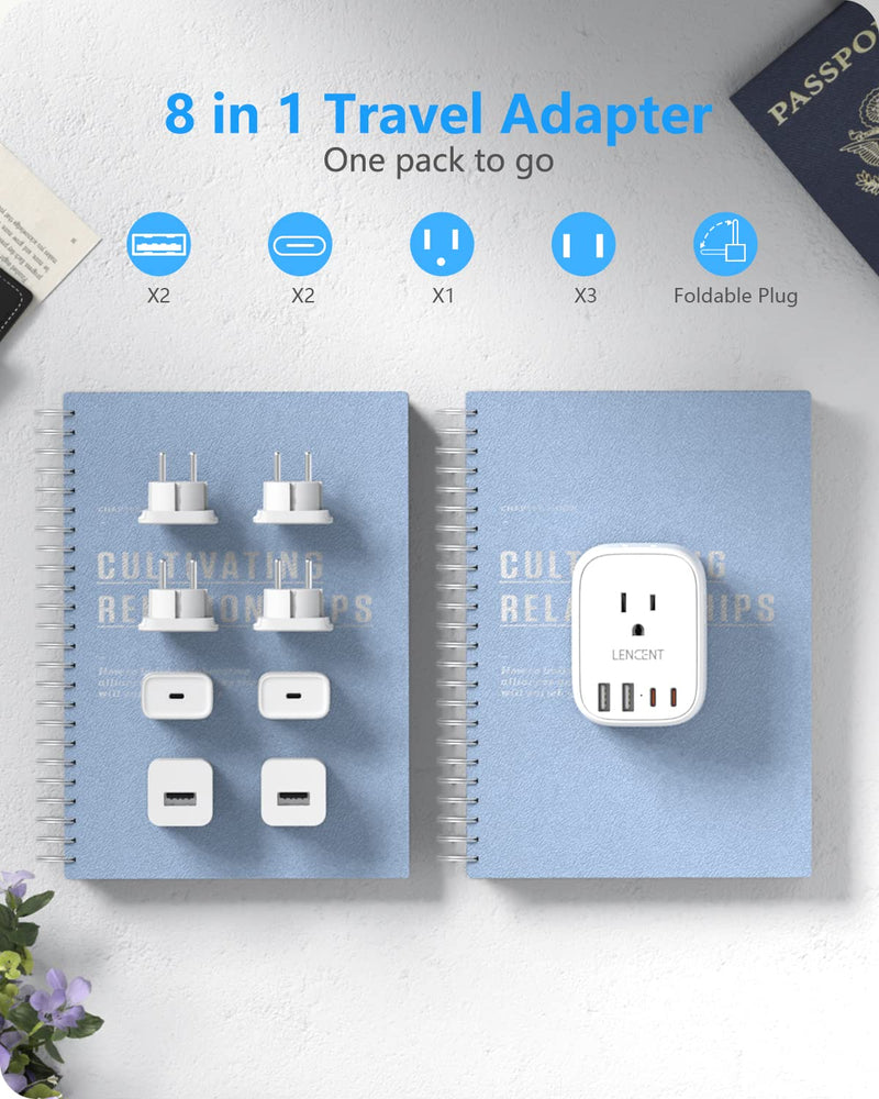 European Travel Plug Adapter, LENCENT US to Europe Type-C Foldable Power Plug with 4 Outlets 4 USB Ports (2 USB C), Power Adaptor for USA to EU Euro Iceland Spain Italy France Germany Greece Portugal