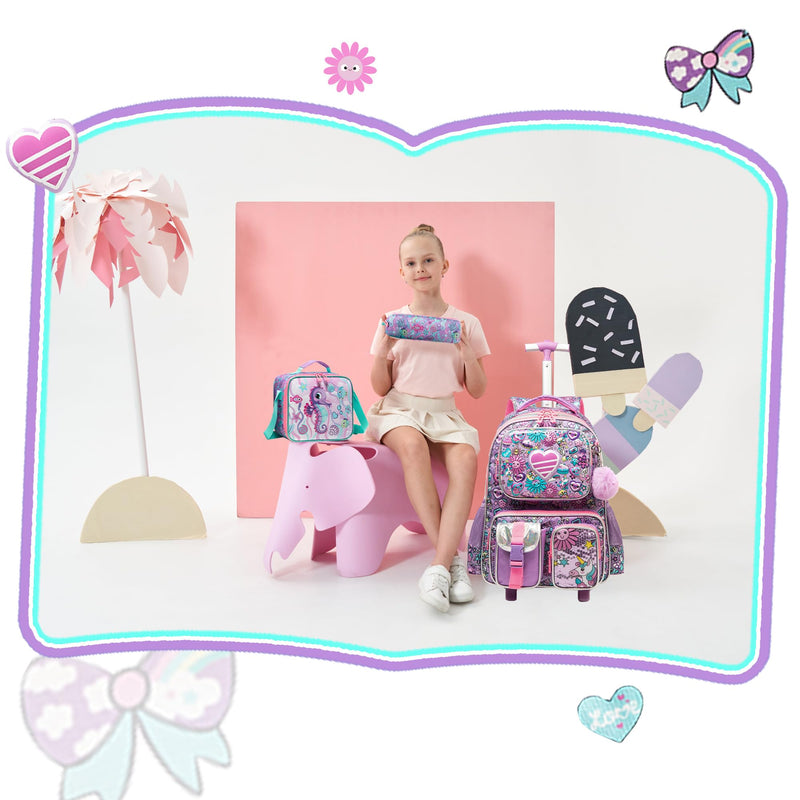 Meetbelify Kids Rolling Backpack with Wheels for Girls Rolling Backpacks with Lunch Box for Elementary School Students 3 in 1 Travel Luggage Suitcase for Girls Age 8-10