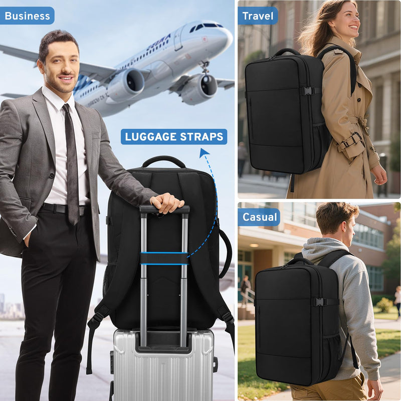 ZOMFELT Travel Backpack for Women Men, 45L Carry On Backpack Luggage 22x14x9 Airline Approved, TSA 15.6inch Laptop Backpack Personal Item Travel Bag, Water Resistant Mochila For Business Work, Black