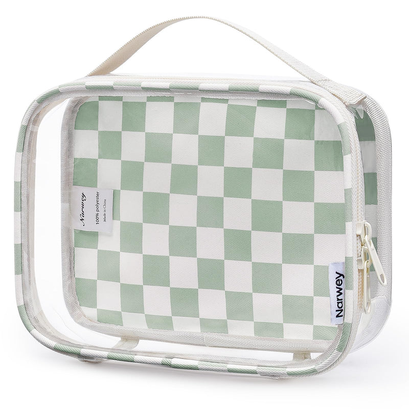 Narwey TSA Approved Toiletry Bag Carry on Clear Toiletry Bag Makeup Bag, Airport Airline Quart Size Travel Bags, Waterproof Portable Compact Cosmetic Make up Organizer Bag (Mint Green Checkerboard)