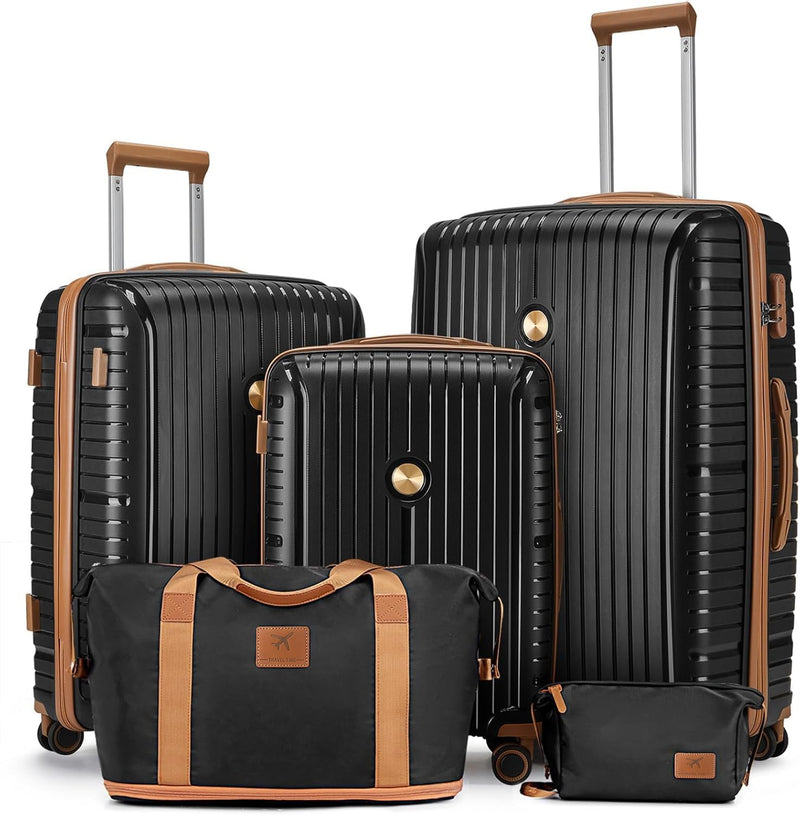 Joyway Luggage Sets 5 Piece PP Hardshell Carry on Suitcase, Travel Lightweight Carry-on with Double Spinner Wheels and TSA Lock, Black Brown