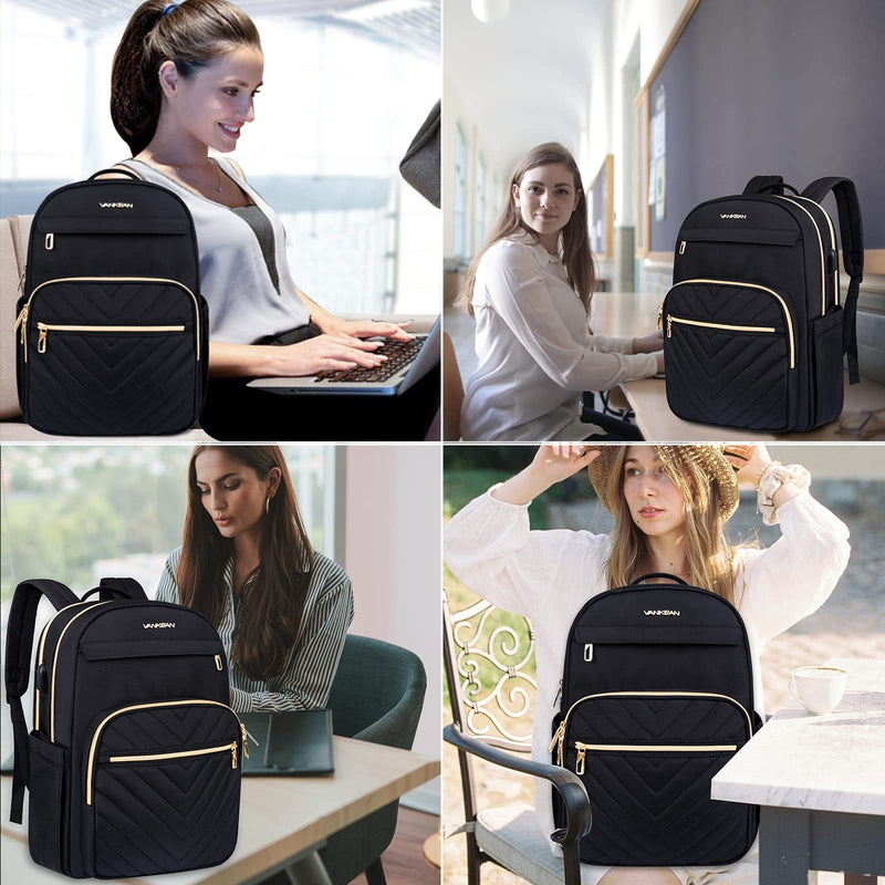 VANKEAN Laptop Backpack for Women with USB Port, Laptop Computer Bag Travel Backpack Purse,Waterproof Work Business Backpack College Teacher Bags, Black
