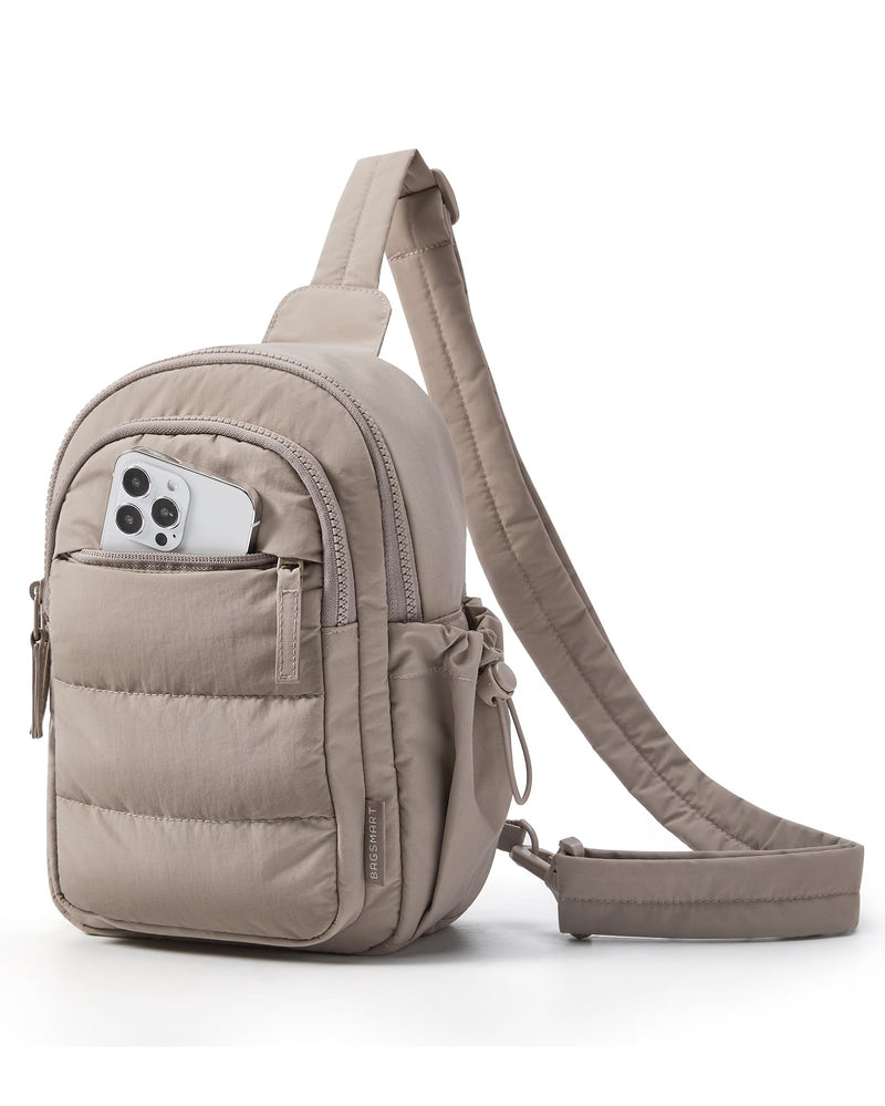 BAGSMART Small Sling Bag for Women, Puffer Crossbody Bag Purses Hobo Handbag Fanny Packs for Travel Hiking, Camel