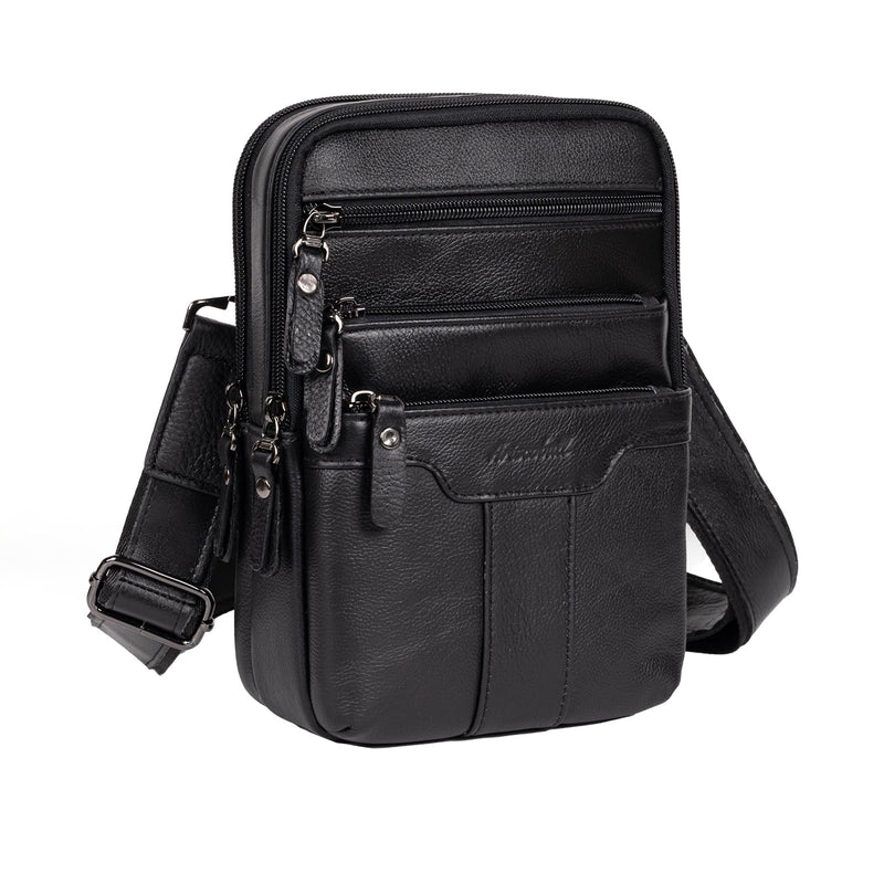 Ariscobull Leather Messenger Bag for Men, Small Leather Sling Shoulder Bag Messenger Pack for Men, Man Purse (Medium Black)