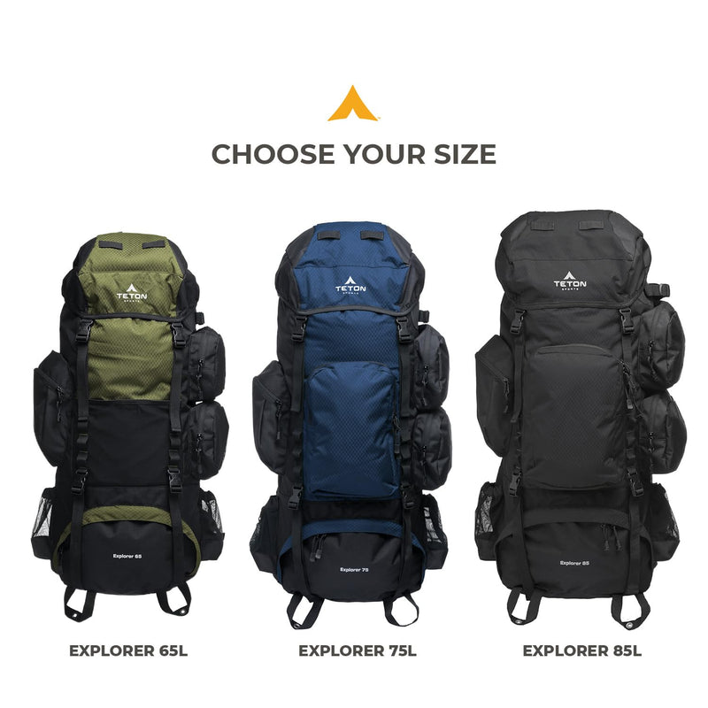 Teton 65L Explorer Internal Frame Backpack for Hiking, Camping, Backpacking, Rain Cover Included, Olive