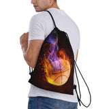 YIJIUWKIS Kids Drawstring Bag with Fire Basketball for Boys, Sports Drawstring Backpack for Teens Boys Girls Adults Women Men, Black Daypack Bag for Work Gym Swim Travel Hiking School, Small