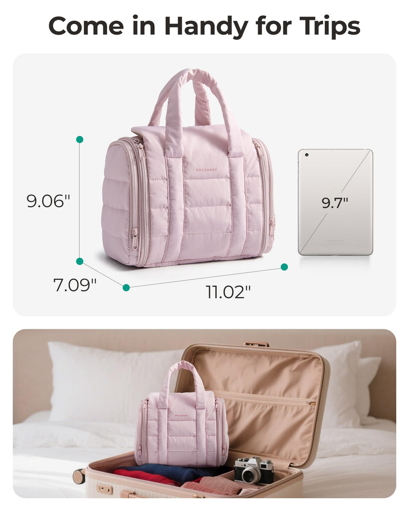 BAGSMART Travel Toiletry Bag with Removable Partition, Puffy Water-resistant Fabric Hanging Organizer for Full-Size Toiletries, Accessories, Black