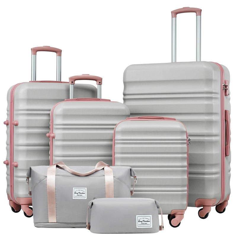 LONG VACATION 6 Piece Luggage Set Carry on Suitcase with ABS+PC hardshell, Spinner Wheels & YKK Zipper TSA Lock (GREY-PINK, 6 piece set)