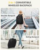 MATEIN Rolling Backpack for Women, 17 inch Water Resistant Wheeled Laptop Backpack, Large Carry On Luggage Travel Backpack with Wheels, Trolley Suitcase Business Overnight Roller Bag for Adults, Black