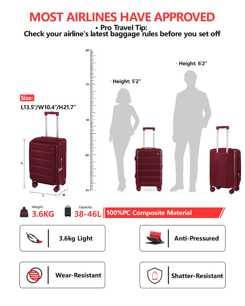 ISLAND ELEPHANT Expandable 20Inch Carry On Luggage Airline Approved - Top Opening Hardside Travel Suitcase Unbreakable -with Cup Holder,USB Charge,Side Pothook, 360°Spinner Wheels, TSA Lock-Wine Red