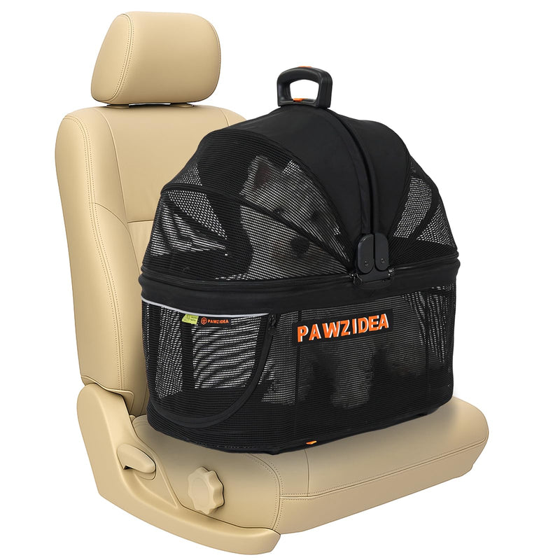 PAWZIDEA Portable Small Dog Crate for Car Travel up to 33lb, Enclosed Dog Car Seat Soft-Sided, Escape-Proof Reversible No-Zip Canopy, Foldable Pet Carrier Seatbelt for Small Medium Puppy & Cats Kennel