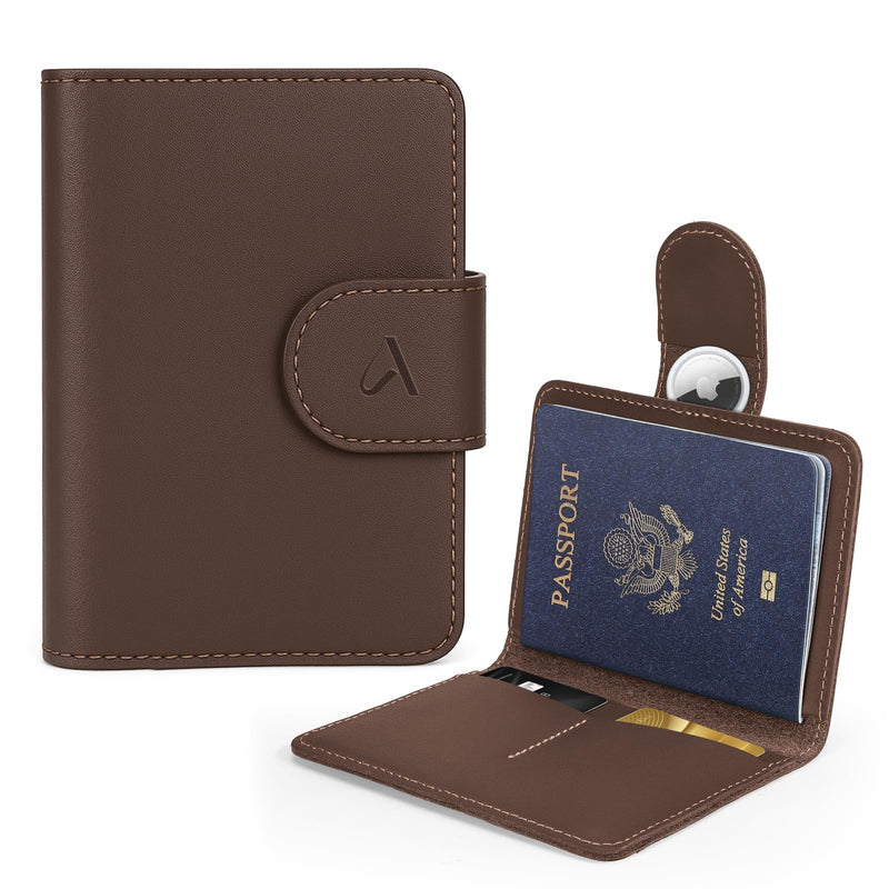 ALLIVE Passport Holder for Travel, Genuine Leather Passport Holder with AirTag Hidden, Rfid Passport Cover Travel Wallet for Airport Essentials, Travel Must Haves Gifts (Coffee Brown)