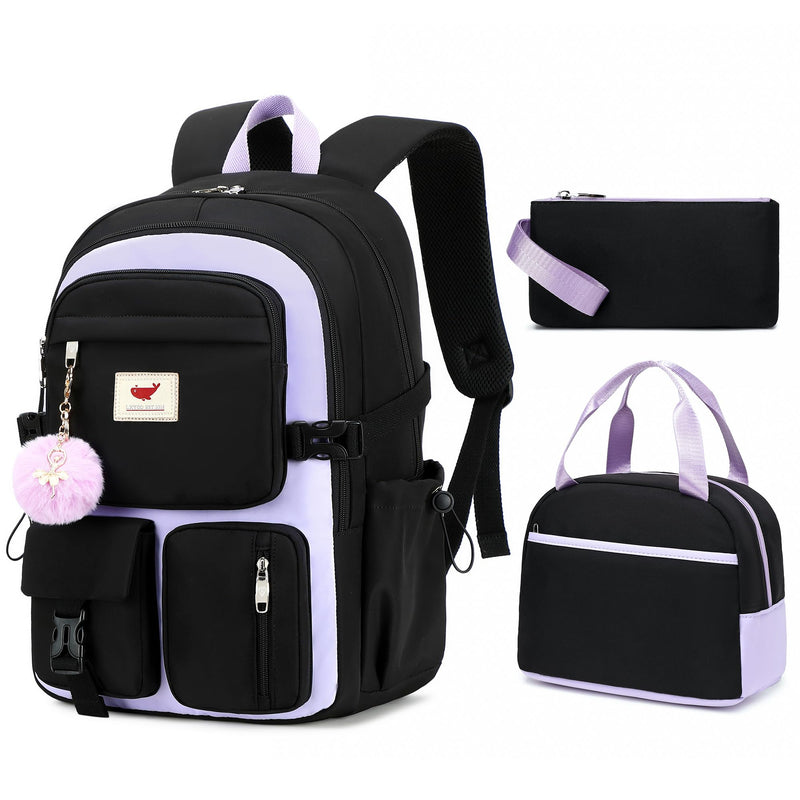 Laptop Backpack 15.6 Inch Elementary Middle High School Bag College Backpacks with Lunch Box Pencil Pouch 3 PCS Set Travel Bookbags for Teens Girls Women Students (Black Purple)