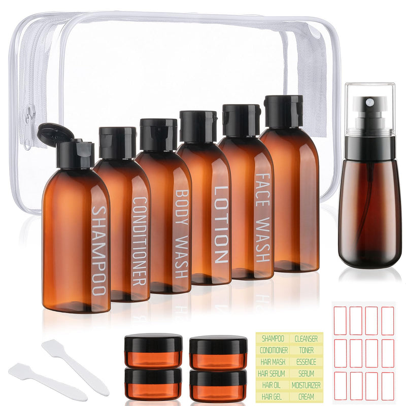 Wowang Travel Kit - 10 Pcs Travel Bottles for Toiletries, TSA Approved, Leak Proof Plastic Small Cream Jars & Refillable Spray Bottle for Shampoo, Conditioner (Brown)