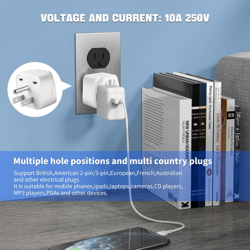 2 Pack US Travel Plug Adapter, 3 Prong Grounded USA Wall Plug Wall Outlet Power Charger Converter (White)