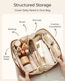 BAGSMART Makeup Bag Travel Cosmetic Bag, Large Make Up Bag Flat Open Toiletry Bag for Women, PU Leather Travel Essentials Organizer Case, Wide-open Pouch Purse for Skincare, Brushes, Classic Brown