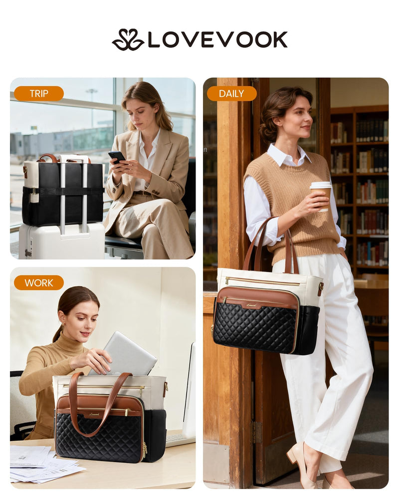 LOVEVOOK Teacher Tote Bag with Accordion File Pocket, Soft PU Leather Work Briefcase Quilted Laptop Bag with Large Cup Holder