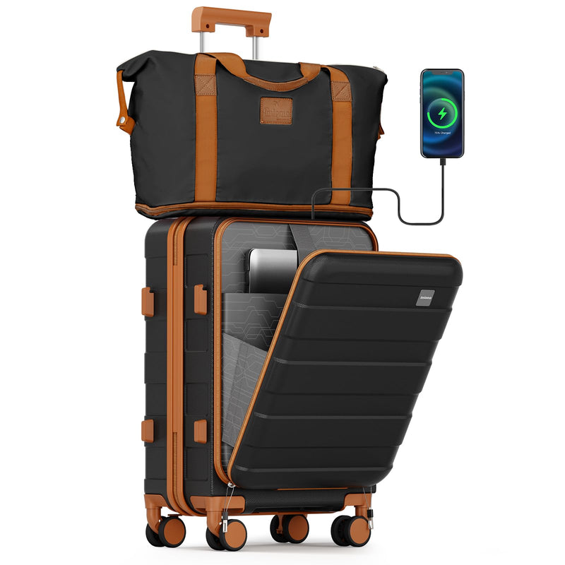 imiomo Carry on Luggage Airline Approved with Front Pocket and USB Port, Hard Shell 20 Inch Travel Carry-on Suitcase with Spinner Wheels and TSA Lock, Black