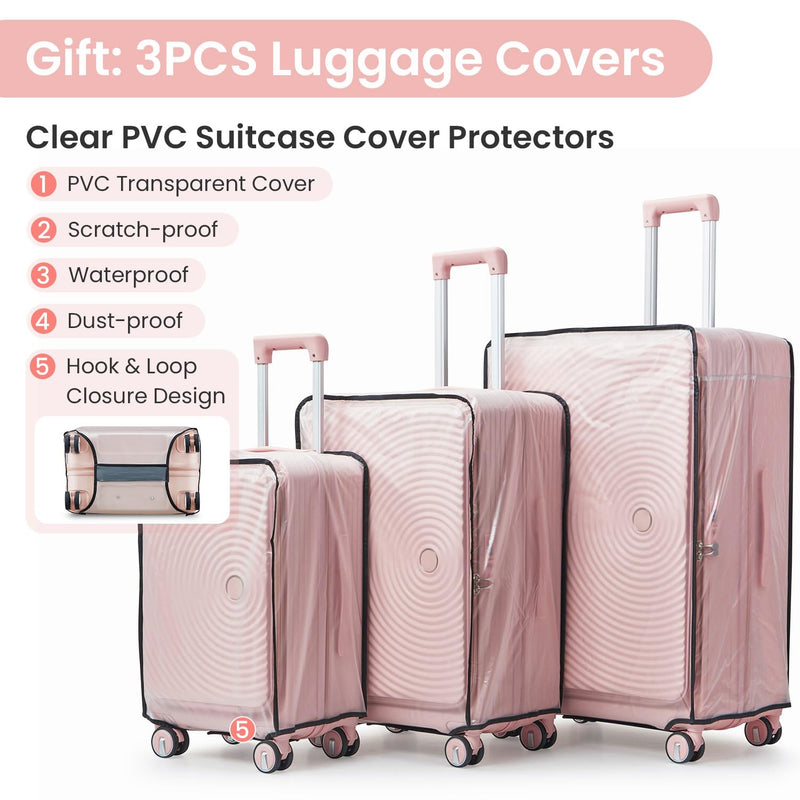 TRAVELEO 3 Piece Luggage Set 100% PC Hardshell, Front Opening Expandable Suitcase (20/24/28) with Laptop Compartment & Free Custom PVC Covers, Trunk Style Lightweight Spinner Wheels TSA Lock (Pink)