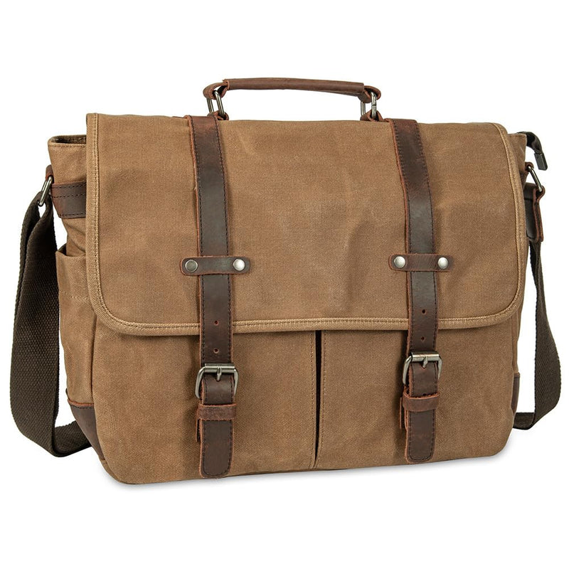 Vintage Genuine Leather Waxed Canvas Briefcase Large Satchel Shoulder Bag Rugged Computer 15.6" Laptop Bag (Brown)