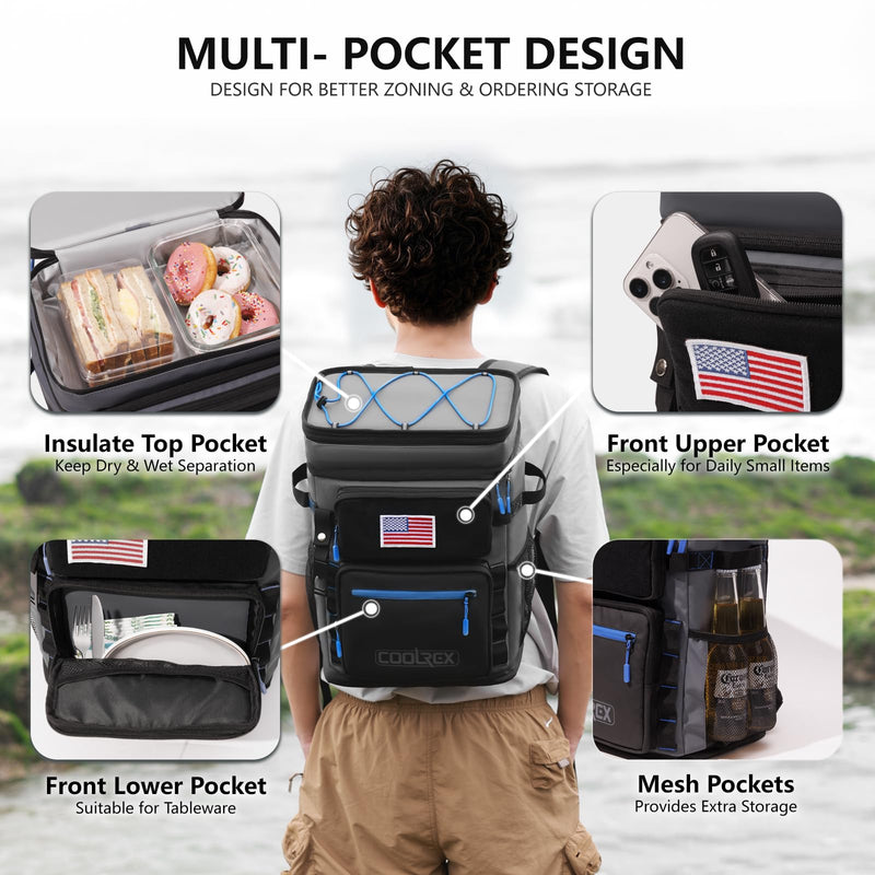 COOLREX Large Backpack Cooler 36 Can Cooler Backpack with 2 Insulated Compartments Leak Proof Waterproof Travel Backpack, Camping Beach Picnic Lunch Thermal Bag for Women and Men (Gray)