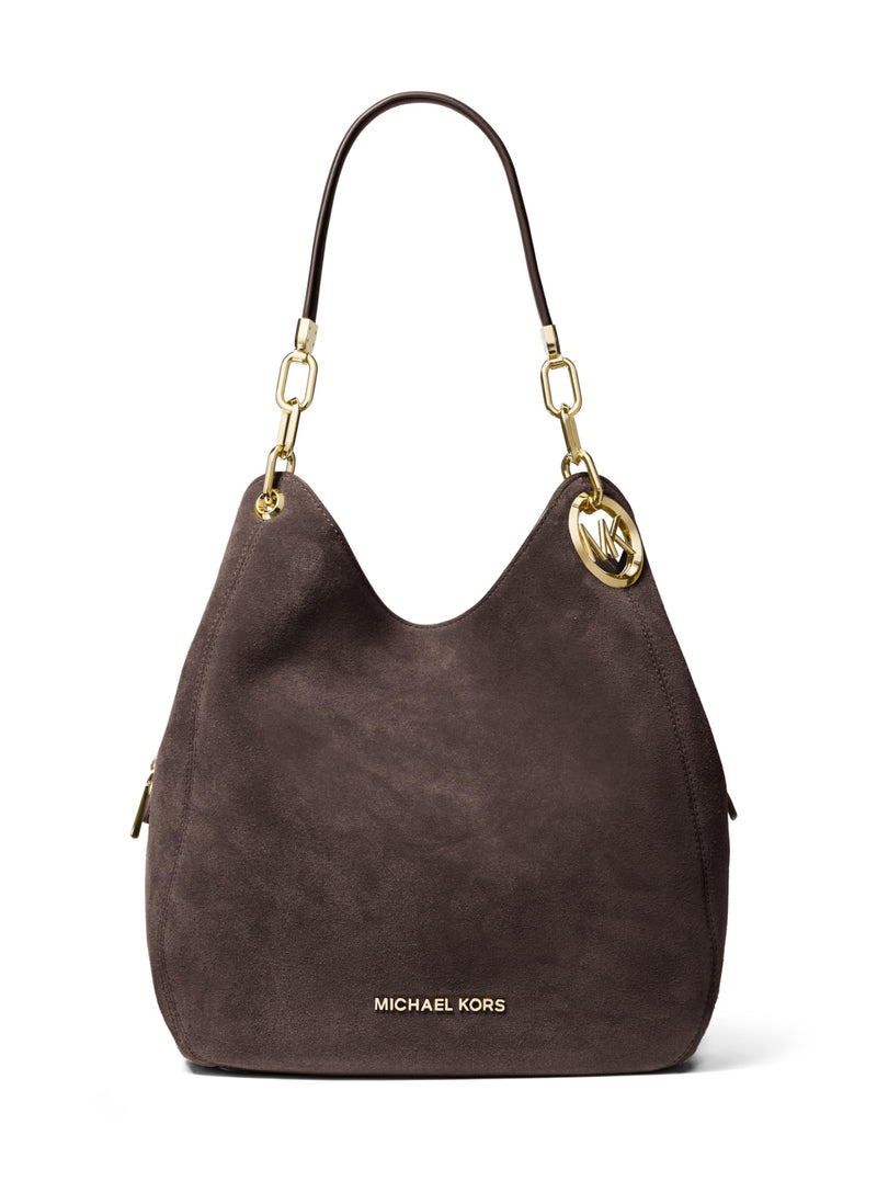 Michael Kors Lillie Large Chain Shoulder Tote, Gold-Tone Hardware/Suede Leather/Chocolate