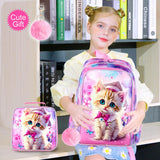 AGSDON 3PCS Backpacks for Girls, 16" Elementary Kids Cute Cat Backpack Preschool School Bookbags and Lunch Box