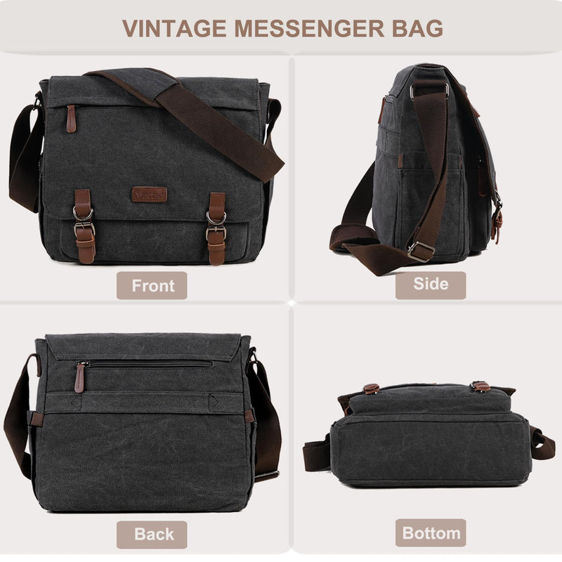 Canvas Messenger Bag for Men Women,Travel Satchel Shoulder bag 15.6 Inch Laptop Bags Business(Black-Upgrade)
