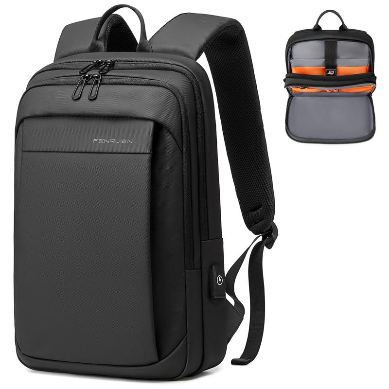 FENRUIEN Slim Laptop Backpack for Men, Water Resistant Light Weight Backpack with USB Charging Port, Black Laptop Bag 15.6 Inch