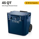 RTIC 45 QT Wheeled Ultra-Tough Cooler Hard Insulated Portable Ice Chest Box for Beach, Drink, Beverage, Camping, Picnic, Fishing, Boat, Barbecue, Rotomolded Construction, Navy