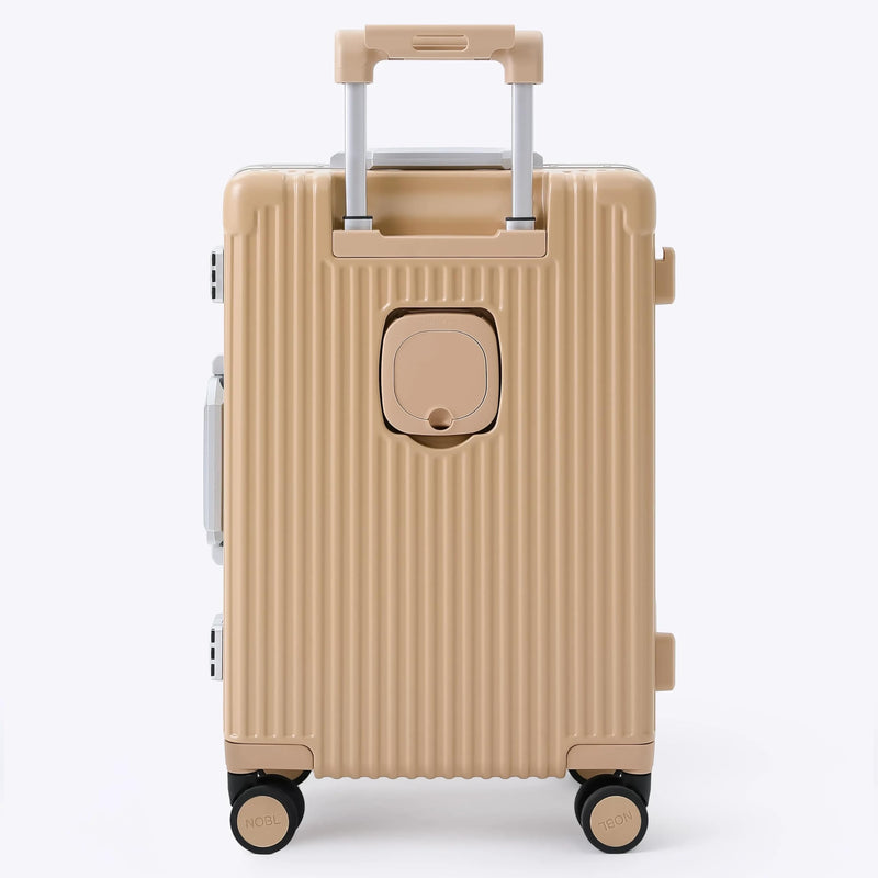 Nobl Travel Carry On Luggage, Noble Zipperless Aluminum Frame PC Hard Shell Suitcase, 22.5"x15"x9.5" Airline Approved, 360° Spinner Wheels, TSA Locks, USB Charging Port, Cup & Phone Holder - Caramel