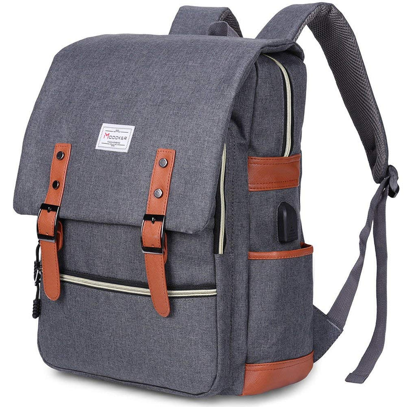 Modoker Eco-Friendly Vintage Laptop Backpack for Women Men,Travel Backpacks with USB Charging Port Fashion Backpack Fits 15.6Inch Notebook, Grey