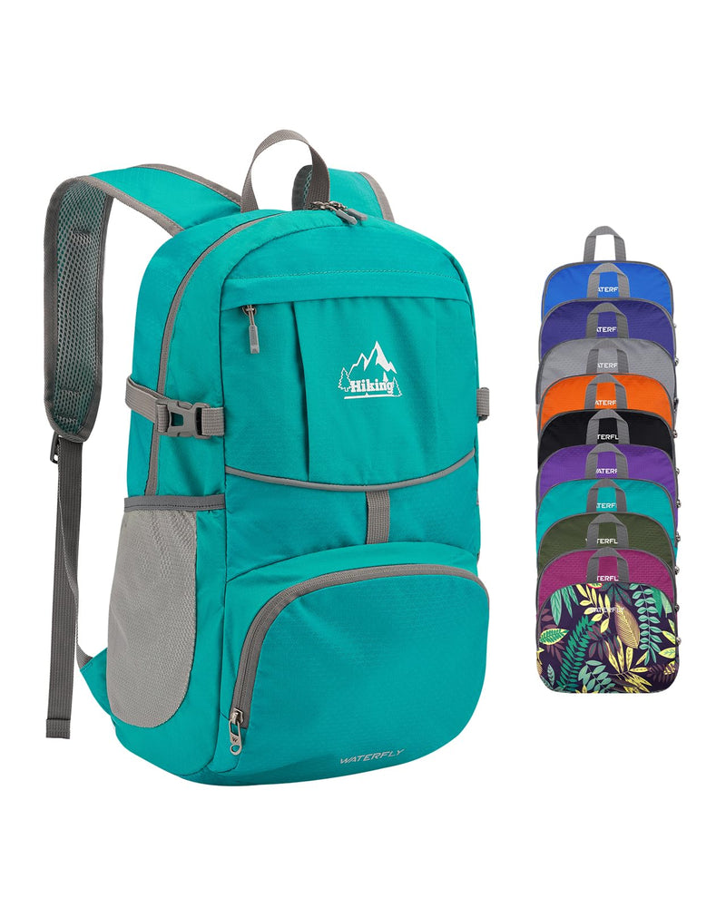 WATERFLY Hiking Packable Daypack Backpack: 25L Ultra Lightweight Day Pack for Woman Man - Small Compact Folding Back Pack for Outdoor Sport Cycling Camping Travel Trip - Turquoise