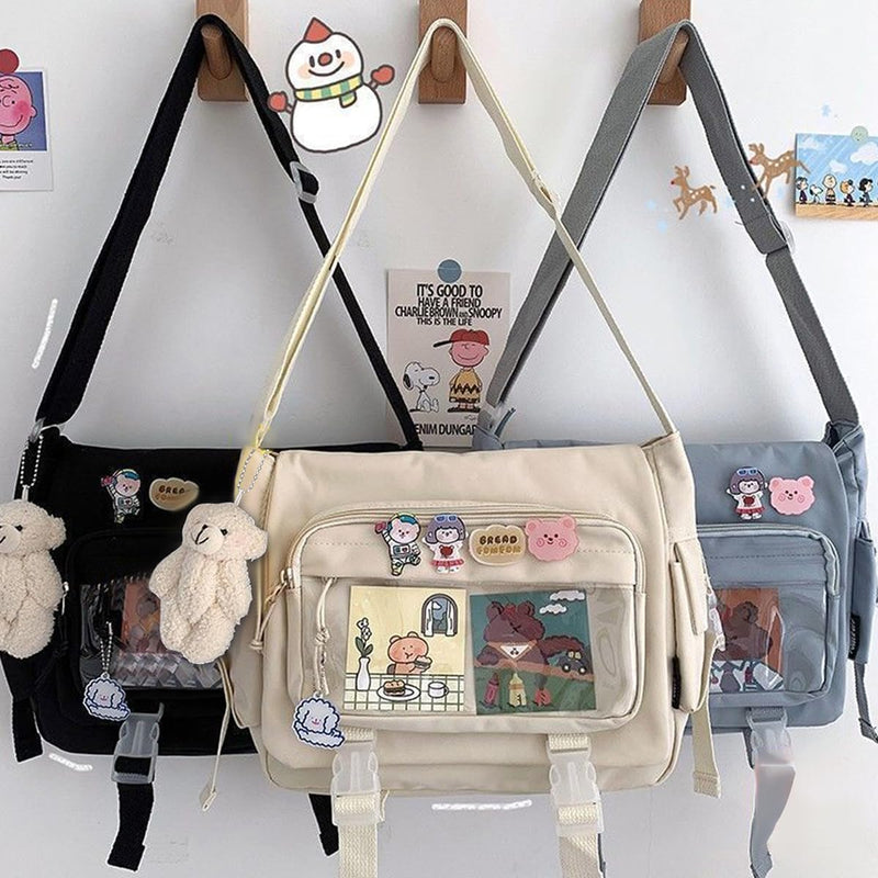 Ita Bag Crossbody - Kawaii Japanese Cute Anime Display Shoulder Bag with Pins & Bear Y2K Messenger Purse for Women (Black)