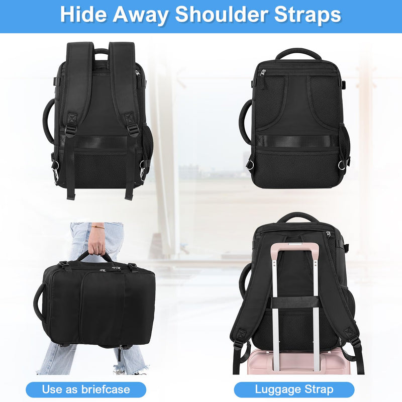 Sinaliy Travel Backpack, Carry on Flight approved Travel Bag with Multi-Pockets, Waterproof 17.3inch Laptop Backpack for Men Women, Black