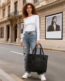 HOTOR Tote Bag for Women - Foldable Lightweight Tote Bags with Zipper, Large Shoulder Bag Top Handle Handbag Carry-On Bag for Travel, Shopping, Work, Black, 19.7" x 6.7" x 13.8"