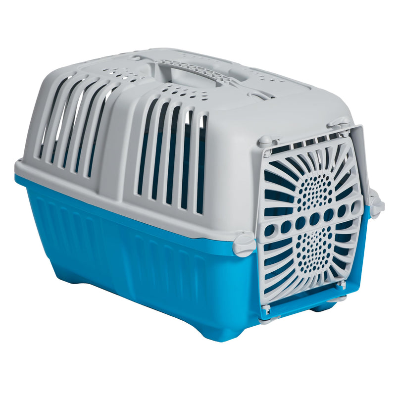 MidWest Homes for Pets Spree Travel Carrier – Hard-Sided Dog & Cat Carrier, Small Pet Travel Crate with Handle, Ventilated Design, Durable Plastic Door, Easy Assembly, 19-Inch, Blue