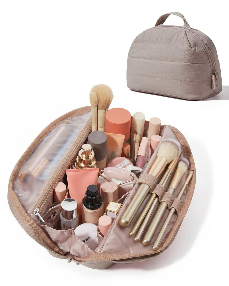 BAGSMART Travel Makeup Bag for Women, Portable Fold-down Cosmetic Case, Puffy Padded Make Up Organizer Pouch, Water-resistant Toiletry Bag for Toiletries, Brushes (Brown)