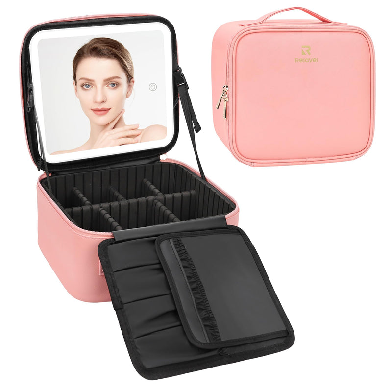 Relavel Travel Makeup Bag With LED Mirror Portable Travel Makeup Organizer 3 Color Adjustable Brightness Waterproof Cosmetic Train Case with Removable Dividers Makeup Storage for Women, Pink