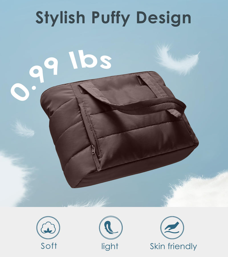 Tote Bag for Women with Zipper, Quilted Puffer Tote Bag with Compartments, Lightweight Puffy Work Bags for Women Travel (Dark Brown)