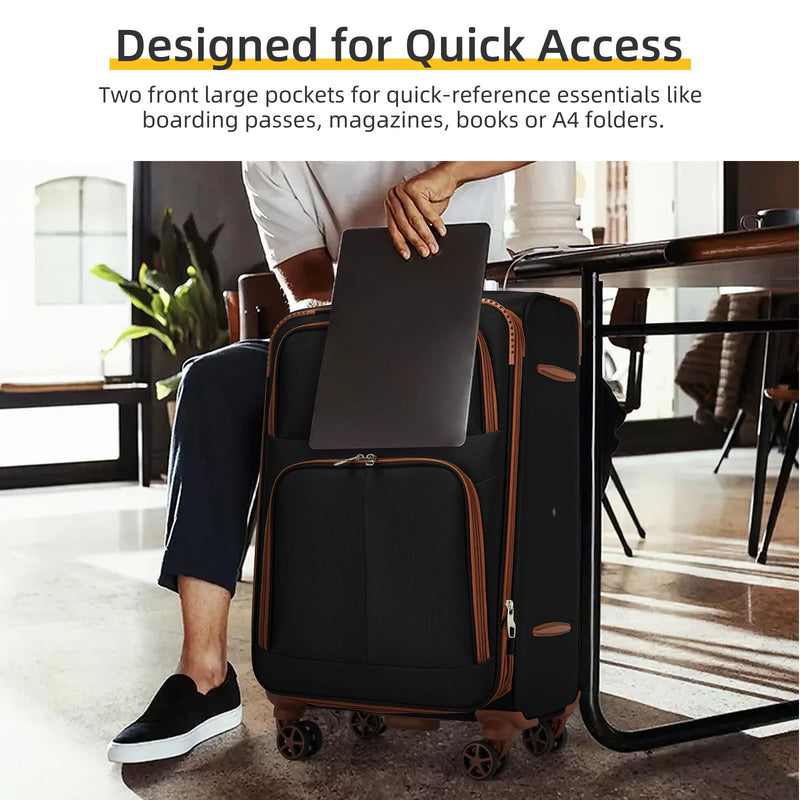 LARVENDER Luggage Sets 5 Piece Softside Expandable Suitcases Set with Spinner Wheels TSA Lock, Lightweight Soft Shell Rolling Travel Luggage Set Clearance for Men and Women, Black Brown